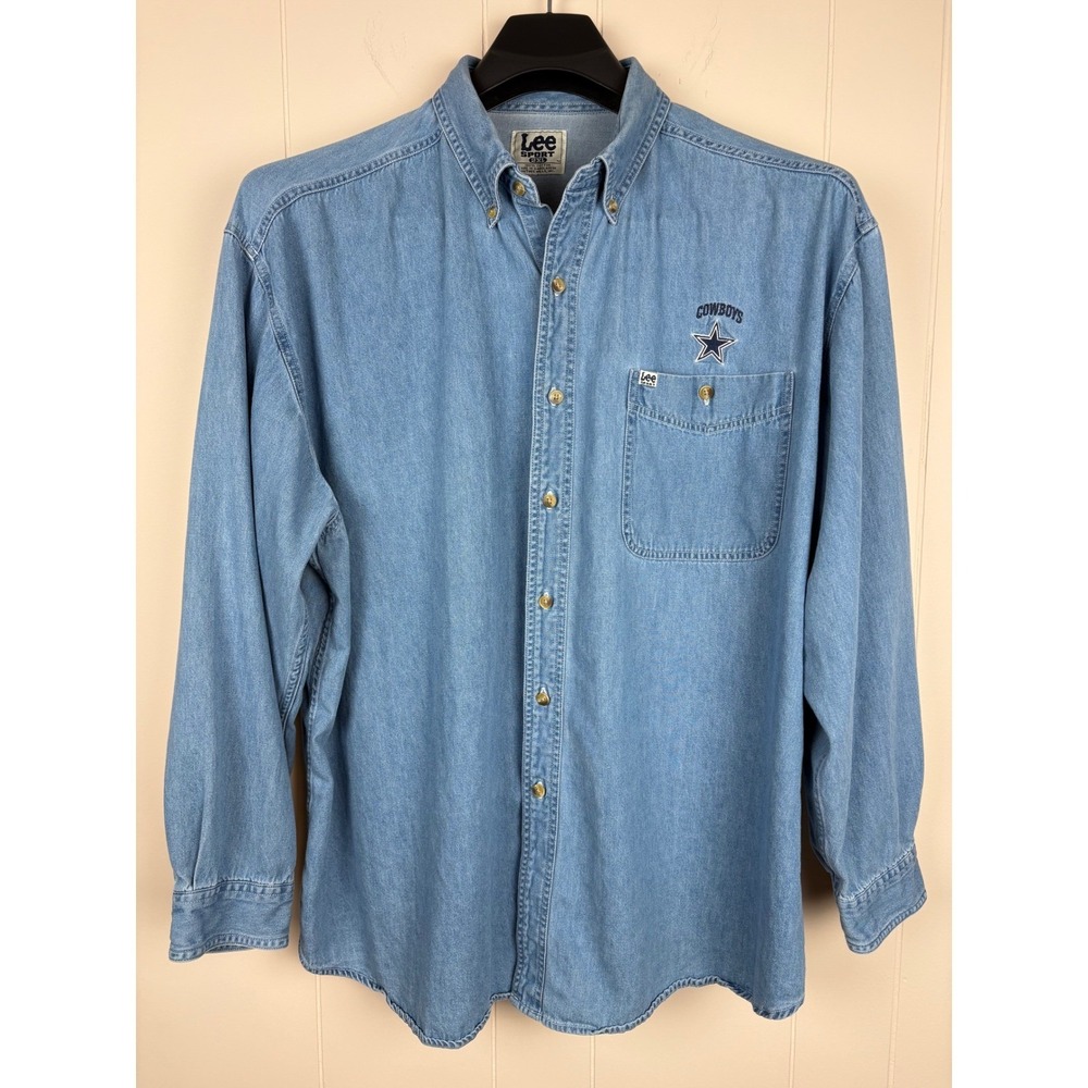 Vintage Lee Sport Dallas Cowboys Denim Shirt Mens 2XL Blue Button Down NFL Star